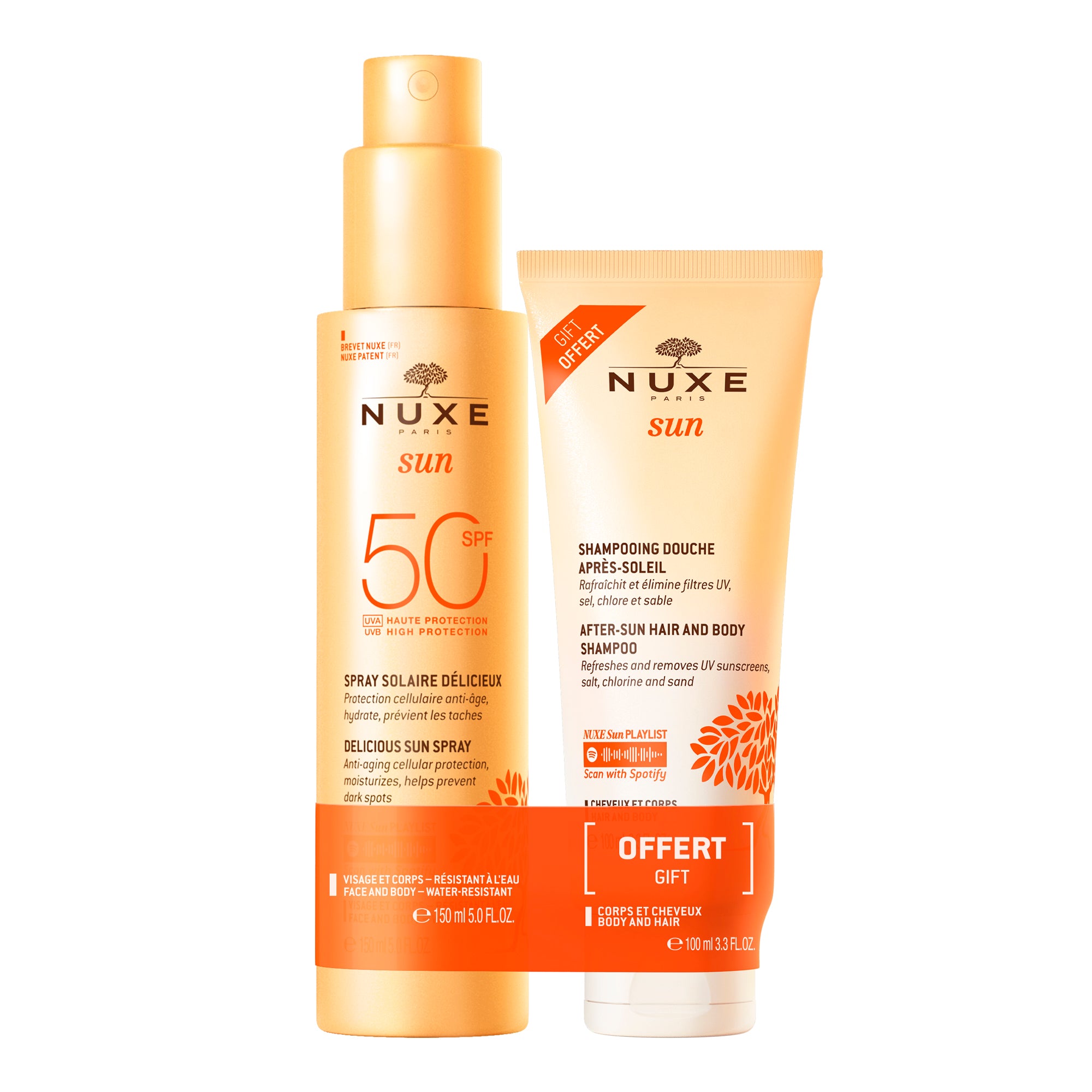 Dúo Delicioso Spray Solar Alta Protección SPF50 rostro y cuerpo y Champú de Ducha After Sun 100ml gratis