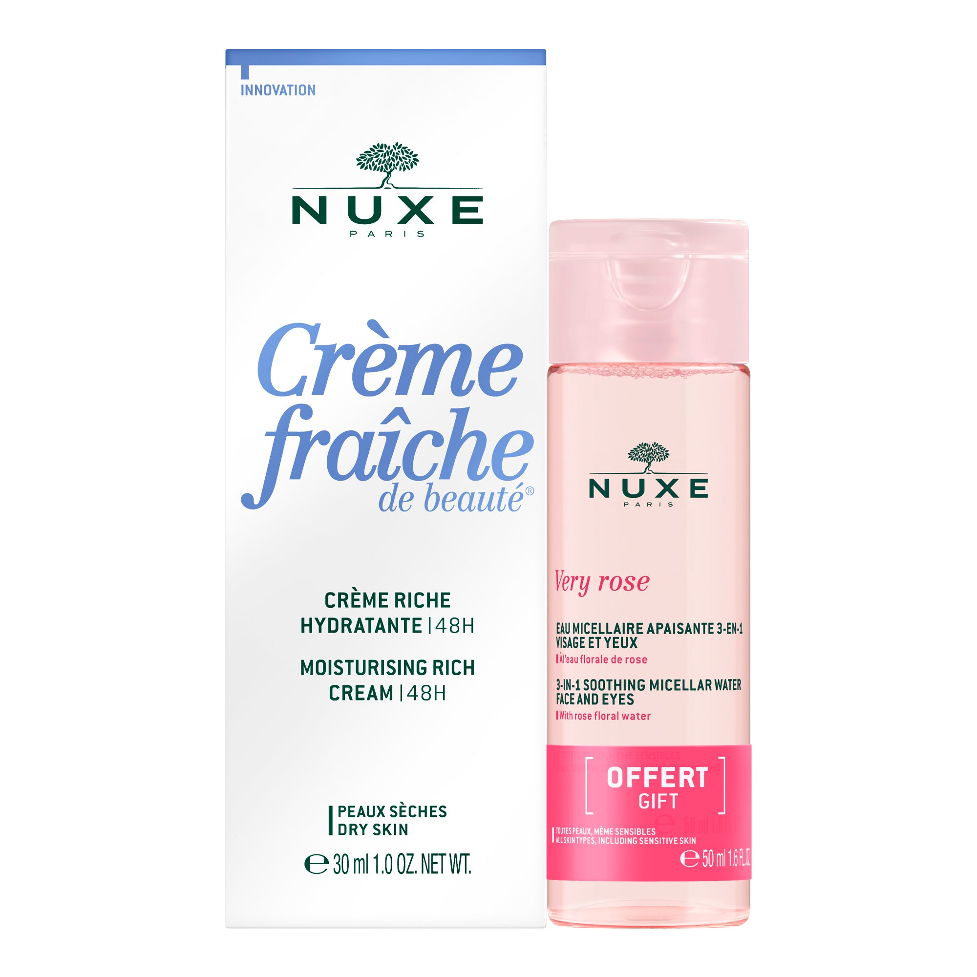 NUXE Crème fraiche de beauté - KIT CREMA RICA HIDRADANTE | 48H 30ml + AGUA MICELAR CALMANTE 3-EN-1 50ML GRATIS