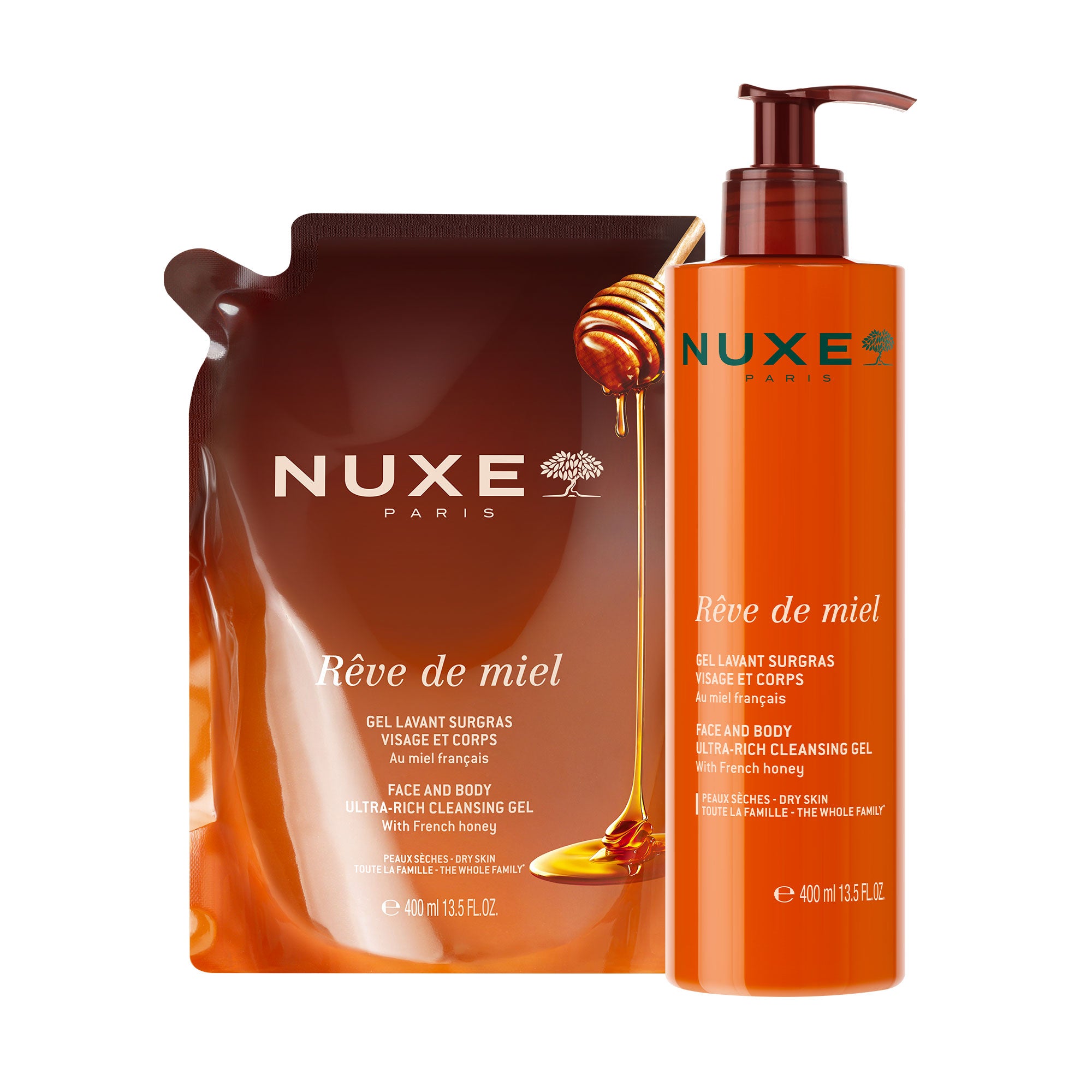 Gel limpiador dermatológico para rostro y cuerpo, Rêve de Miel® & su recarga 